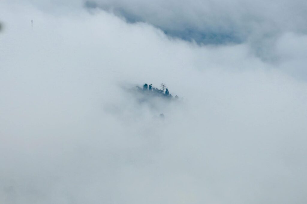 A golfer hitting a shot in foggy conditions, showing the dense fog obscuring visibility. — golfing in fog tips