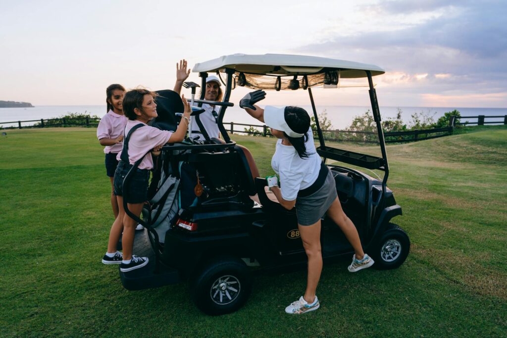 A group of golfers engaging respectfully on a Dungeness course. — golfing etiquette Dungeness