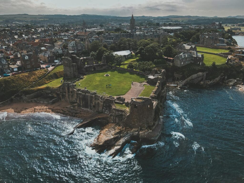 Aerial view of the Old Course at St Andrews, showcasing its iconic layout. — best golf courses in Scotland