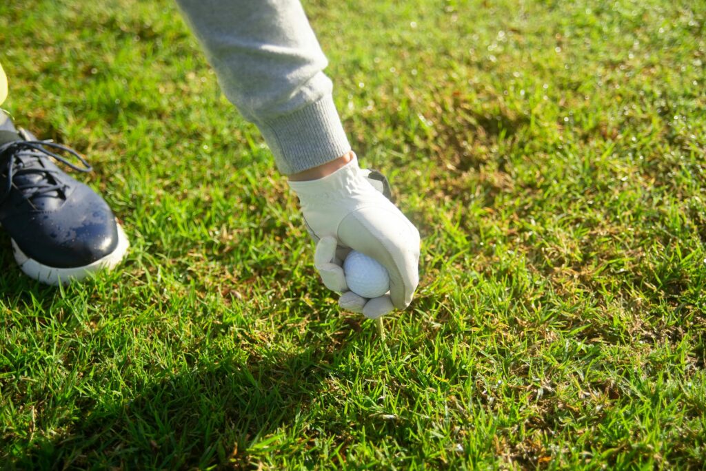 An instructional image depicting proper grip and stance for golf. — improve golf game Dungeness