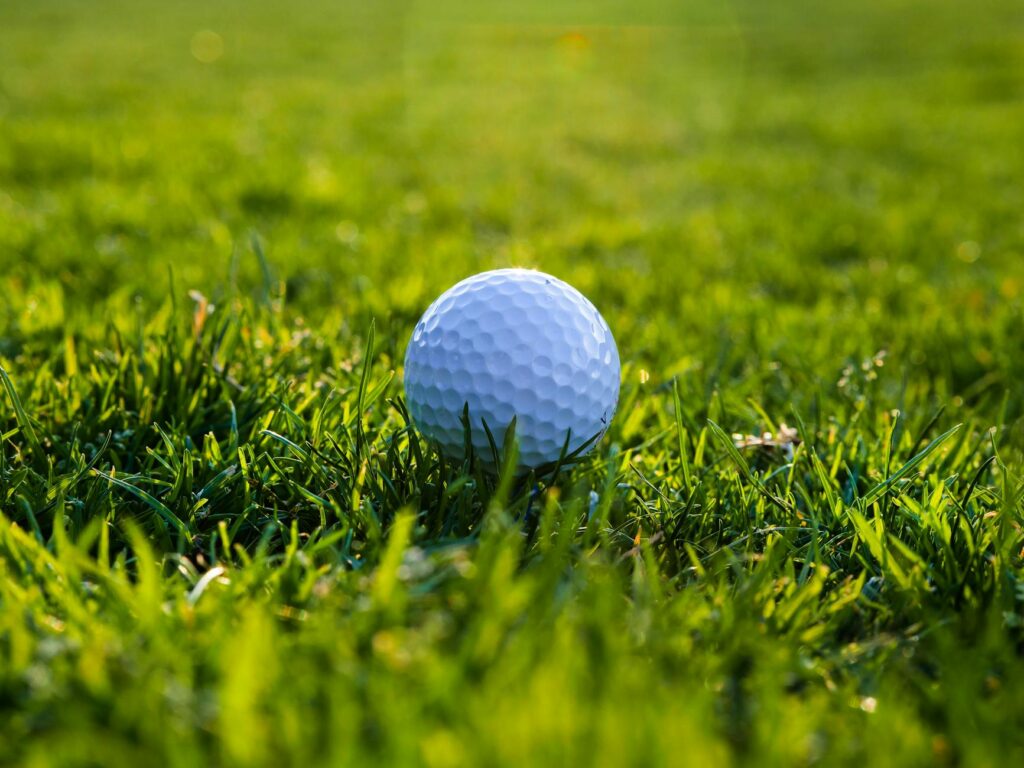 A collection of essential Dungeness golf gear laid out on a grassy background.