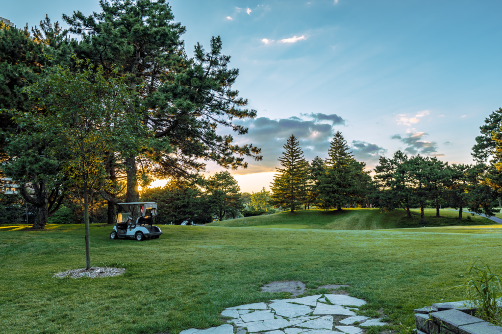 A golf cart parked at the first hole of the Dungeness Golf Course — Dungeness golf tips