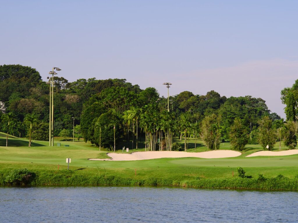 A picturesque view of the par 3 hole with water hazards in the foreground. — best holes Dungeness Golf