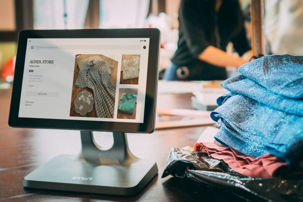 A split image showing online shopping for golf apparel versus in-store experience. — best golf apparel