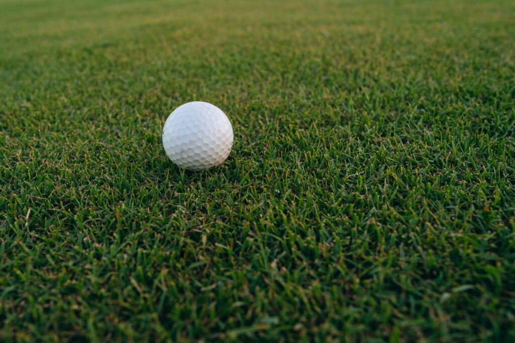 A close-up of a golf ball on the green during a sunny autumn day. — best times to play golf Dungeness