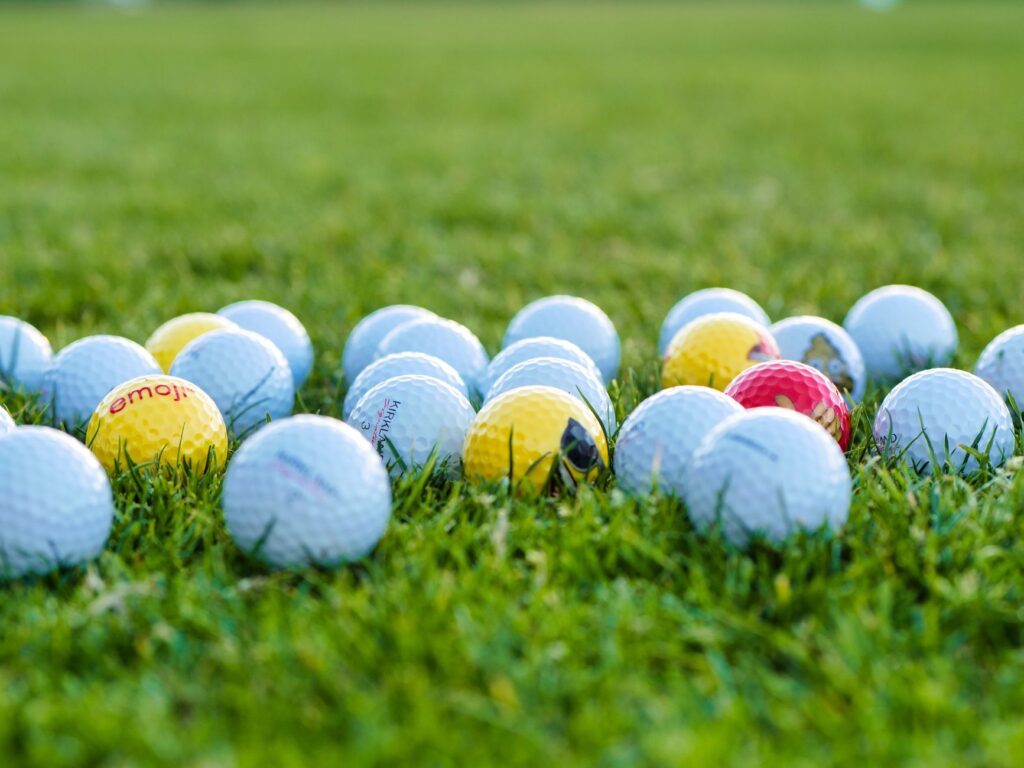 A close-up of various golf balls, showcasing different brands and types suitable for Dungeness golf. — Dungeness golf gear