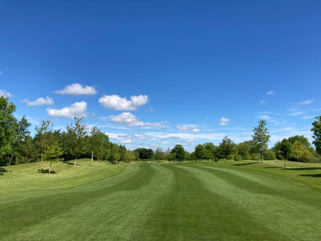 A panoramic view of a Dungeness golf course under clear blue skies typical of fall. — golfing Dungeness fall benefits