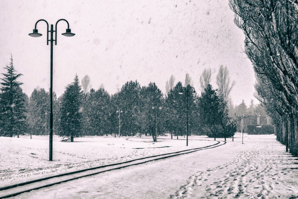 A wintery scene of the Dungeness golf course covered in light snow. — best times to play golf Dungeness